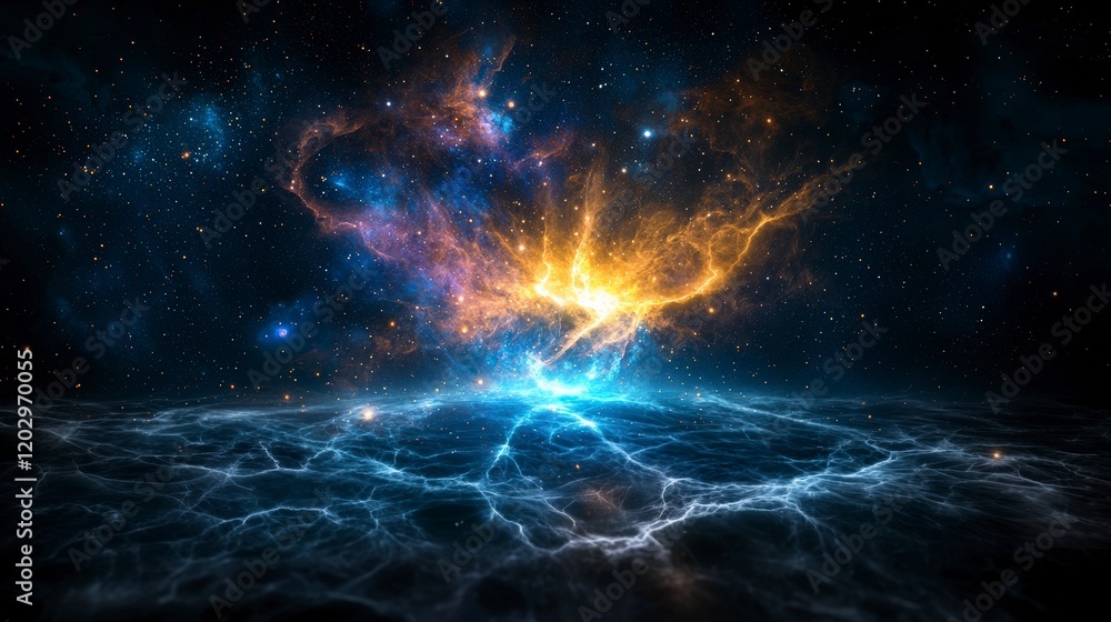 Aufkleber Exploring astronomical light pathways from stars cosmic realm digital art dark space wide angle stellar navigation