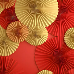 Red and Gold Paper Fans Arranged on a Red Background Creates Festive Abstract Design