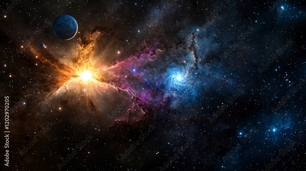 Poster cosmic explosion and celestial dance in space universe digital artwork starry sky wide view astronom