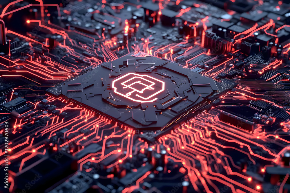 Poster futuristic circuit board with glowing red lines and components shows complex technology background.