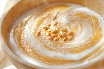 Creamy butternut squash soup with roasted seeds kitchen food cozy home close-up gourmet cooking