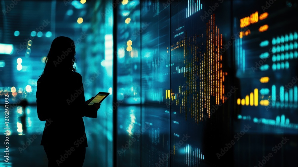 Poster woman reviewing data on a large digital display