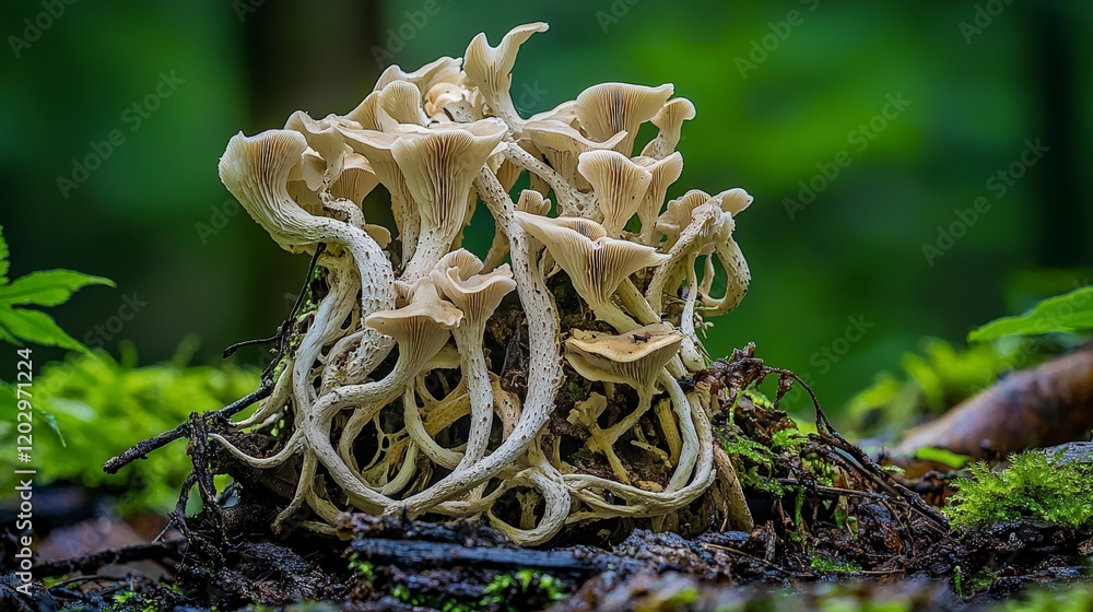 Aufkleber fungal artistry in nature intricate colony of fungi in a forest setting macro photography with lush 