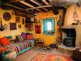 Rustic Interior Design Showcases Traditional Decor and Cozy Ambiance in Earthy Tones with Vibrant Accents.