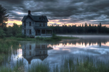Obraz premium Abandoned House Reflects in Still Lake Water Under Dramatic Cloudy Sky at Dusk