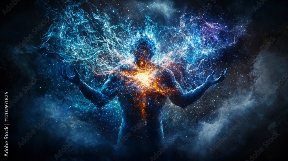Poster cosmic beings emerge celestial realm digital art surreal environment wide-angle view humanity's univ