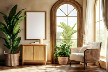 Cozy Living Room Showcases Vertical Frame by an Arched Window and Plants, Accentuated by Warm Natural Light.