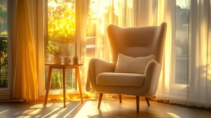 Sunlit armchair near window with side table and plants
