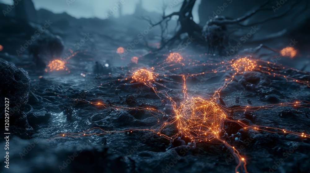 Poster 3d visualization of a hyperconnected digital landscape with interconnected spheres of light in a futuristic environment