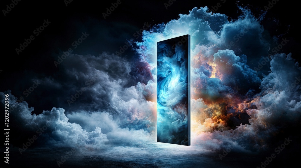 Poster imagination as a doorway swirling clouds digital art dreamlike environment surreal viewpoint concept