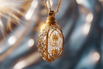 Futuristic pendant emitting holographic symbols of luck on metallic surface modern concept abstract view