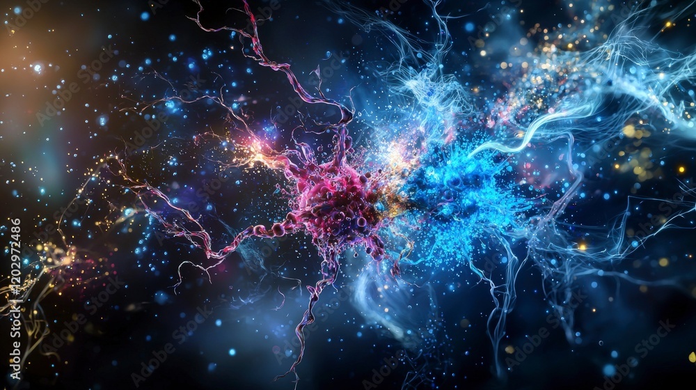 Poster Exploring the interaction of living particles and thought particles in a cosmic environment abstract digital art