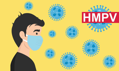 Man wearing medical mask to protect HMPV, human metapneumovirus, COVID-19 or prevent disease, flu, air pollution, contaminated air, world pollution concept.