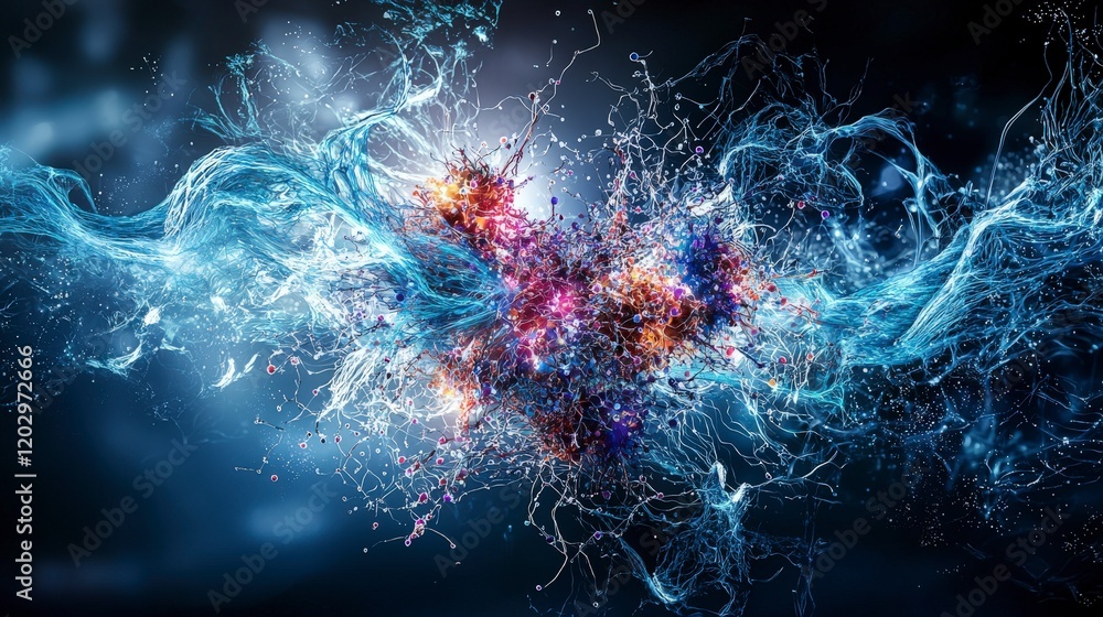 Poster Dynamic interaction of living particles and thought particles in digital art abstract environment visual concept