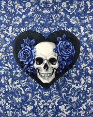 gothic heart design featuring skull with blue roses, set against ornate floral background