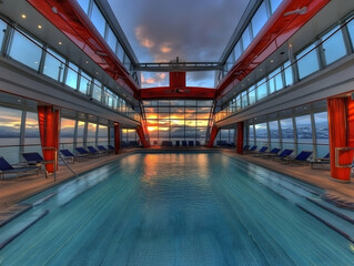 Indoor Pool Reflects a Vibrant Sunset with Panoramic Ocean Views, Cruise Ship Luxury and Tranquility.