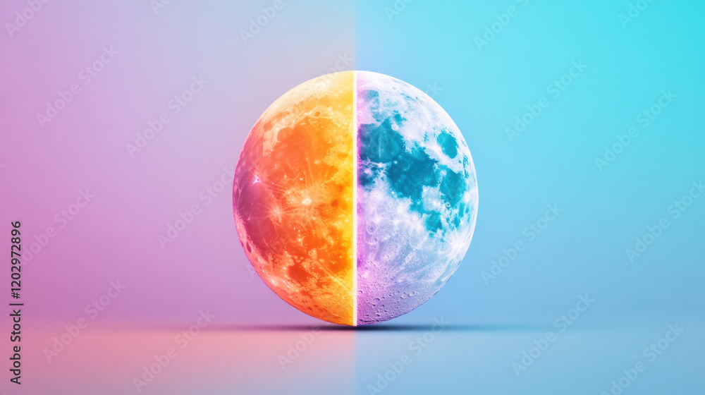 Wall mural Bipolar Disorder, A surreal pastel moon split in two halves, showcasing a dreamy and high-fidelity digital art style.