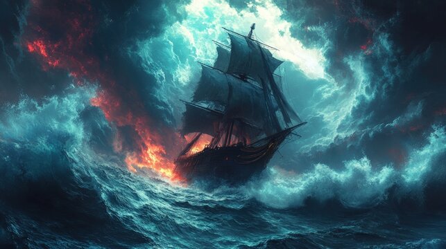 Ship sailing stormy sea, dramatic clouds, fire, adventure game background