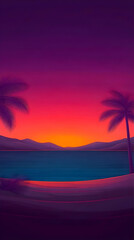 Naklejka premium Tropical Beach Sunset Illustration Showcases Palm Trees and Vibrant Colors Beautifully.