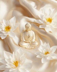 Golden buddha charm surrounded by lotus flowers on silk cloth serene display calm environment spiritual concept