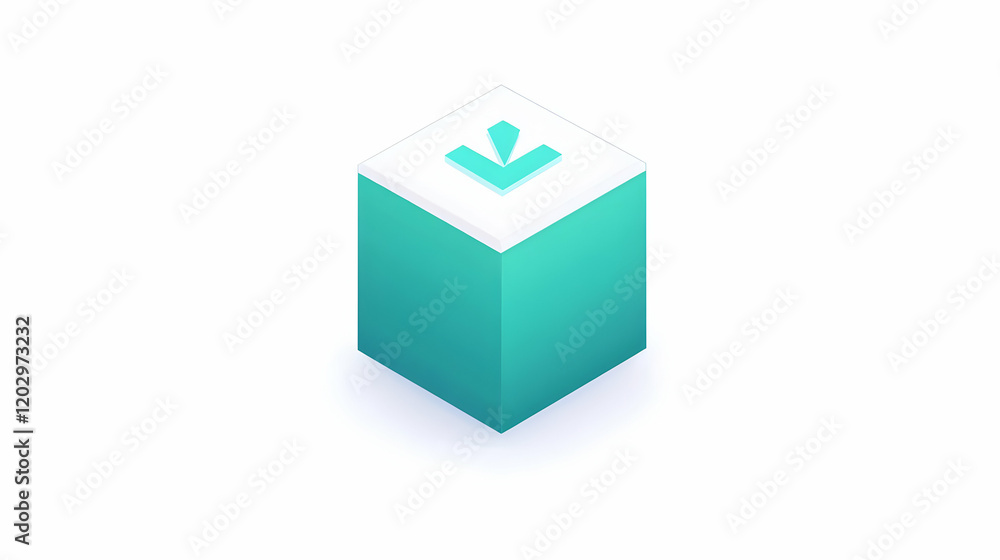 Poster 3d cube with download arrow: isometric icon symbolizing data transfer process efficiently