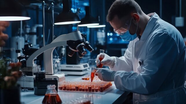 A scientist in a lab coat conducts experiments with test tubes, using a microscope in a modern laboratory environment.