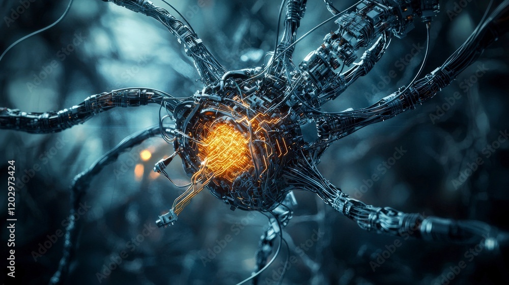Poster biomechanical entity exploration futuristic laboratory digital art sci-fi environment close-up view 