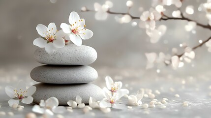 Serene spa stones, blossoms, tranquil background; wellness, serenity