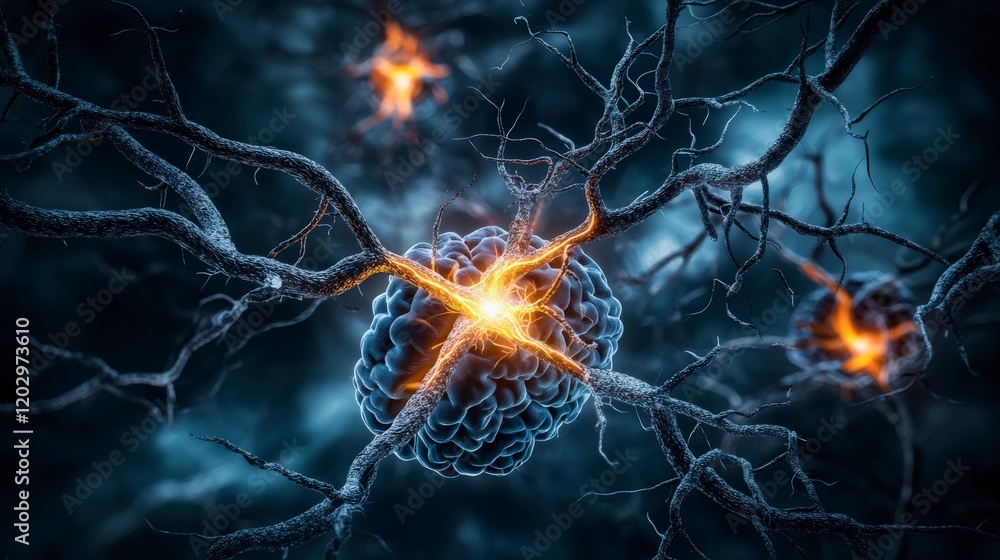 Poster glowing neurons interacting microscopic environment scientific visualization abstract concept neural