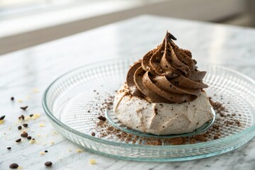 Chocolate meringue dessert on a glass plate, culinary arts, dessert