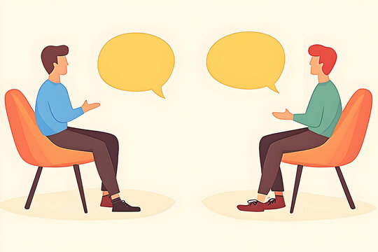 Two Men Talk to Each Other with Speech Bubbles Above Them in a Dialogue Illustration