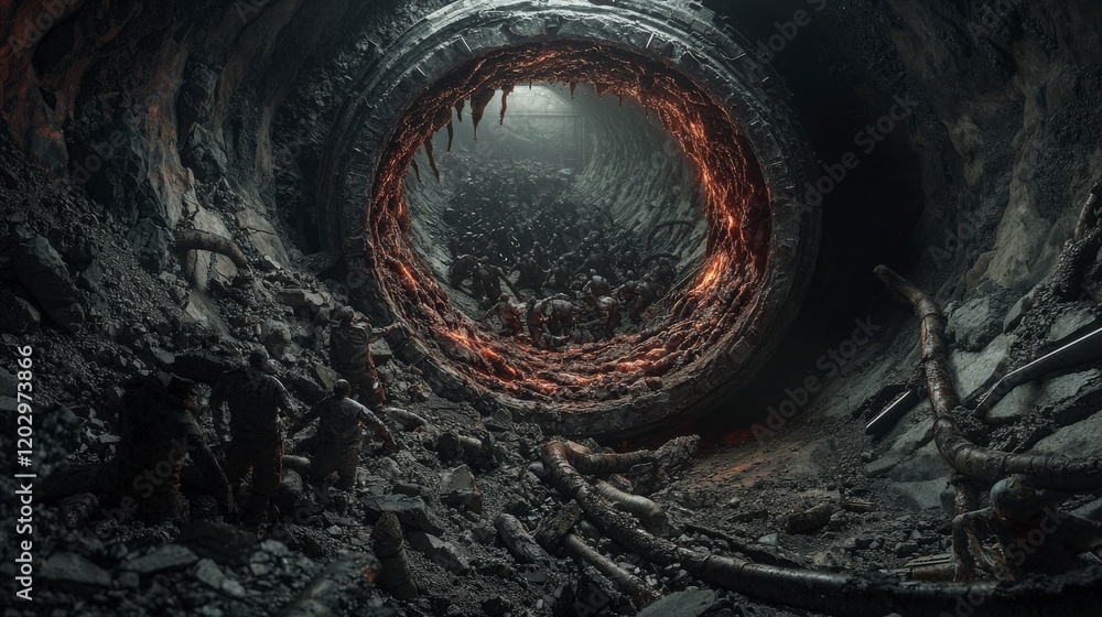 Poster reality looping in a dark abyss underground tunnel digital art surreal environment wide angle view c