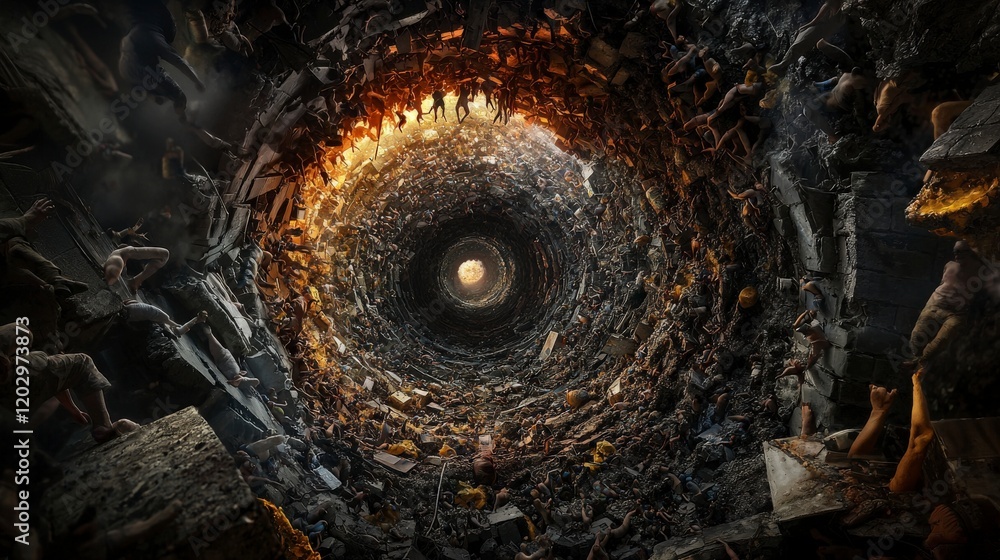 Poster Reality loop a tangled journey through darkness abandoned space concept art surreal environment distorted perspective