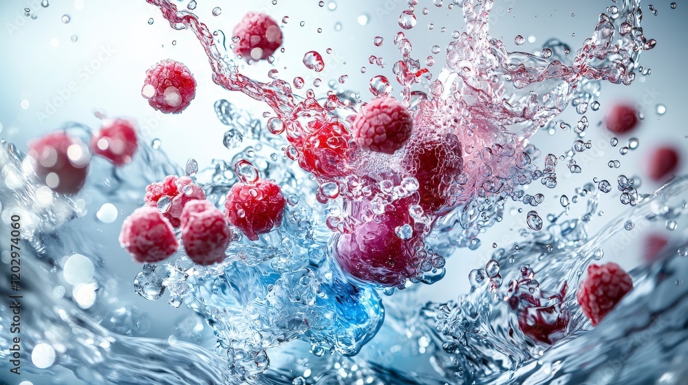 Poster dynamic water splashing with raspberries studio setting high-resolution photography creative perspec