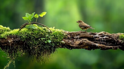 Bird on mossy branch amidst lush forest nature scene tranquil environment close-up view connection between life