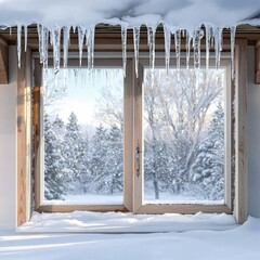 Charming winter window with icicles hanging down, window, white background, isolated