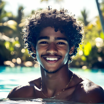Young Man Smiles in a Pool with Tropical Background, Sun-Kissed Skin with a Sparkling Necklace.