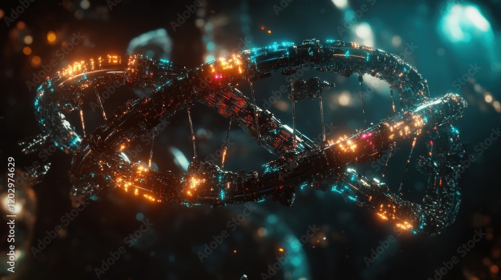 Poster futuristic illuminated dna helix structure in space
