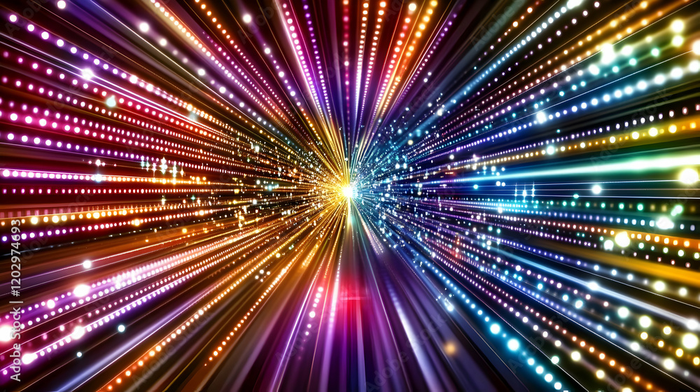 Poster abstract colorful light streaks radiate outward dynamically on a dark background