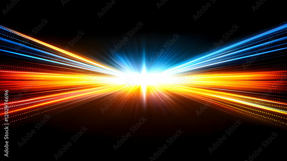 Poster abstract background with orange and blue light rays converging dynamically on black background