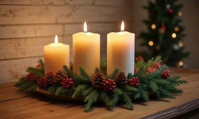 Candles and evergreen wreaths on a wooden side table, evergreen wreaths, Candlelight, natural textures