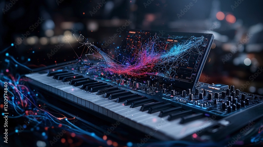 Poster Dynamic music visualization with synthesizer studio setting digital art nighttime close-up sound and shape fusion