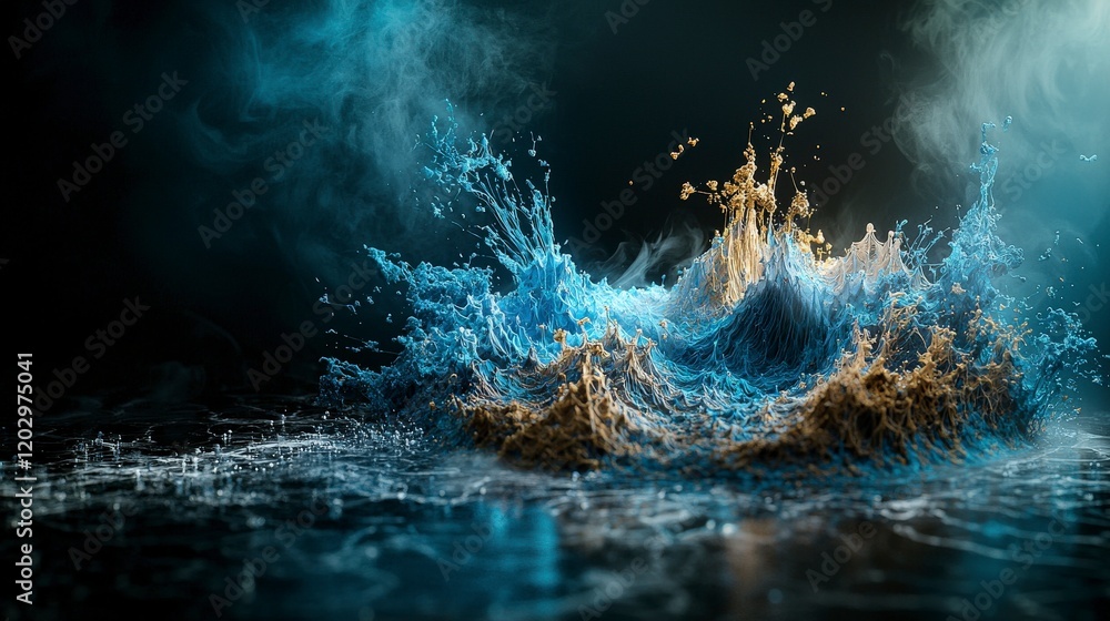 Poster sound waves creating intricate landscapes underwater digital art abstract environment close-up view 