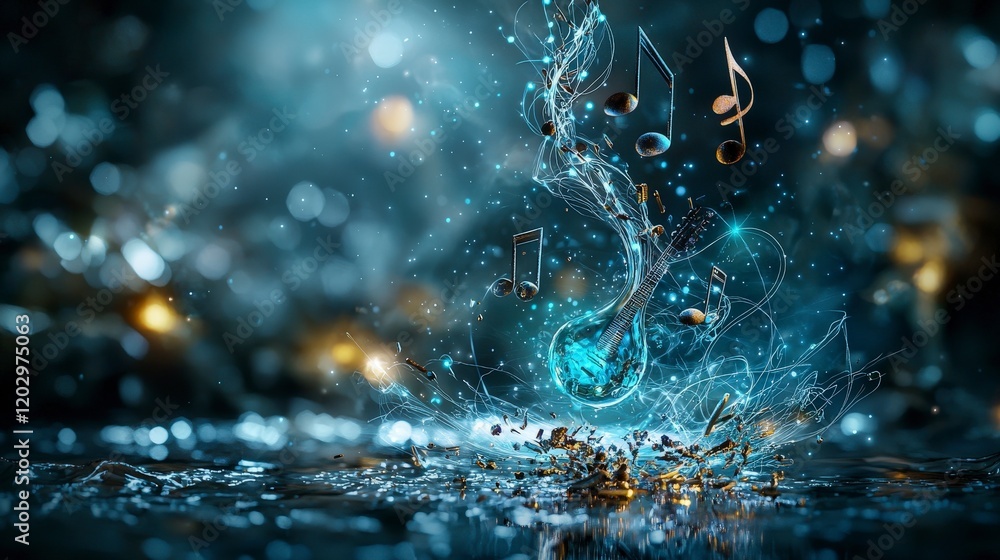 Poster floating melodies ethereal sound waves in space abstract art dreamlike atmosphere surreal viewpoint