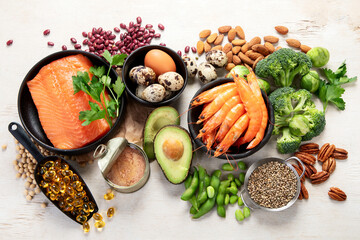 Selection food sources of omega 3 and healthy fats.