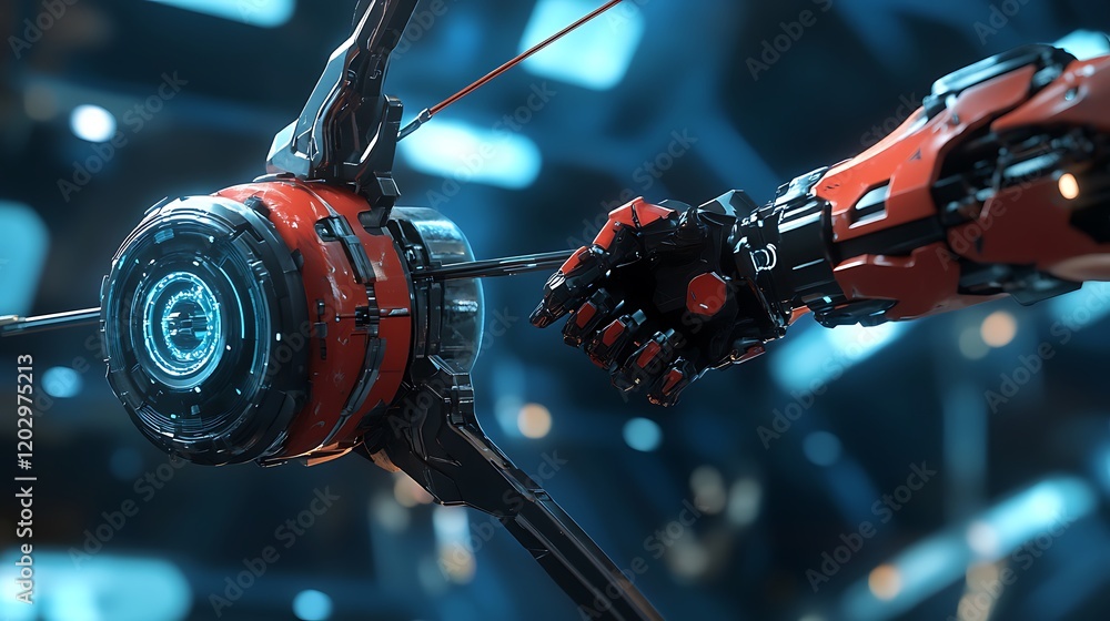Poster close-up of a red robotic arm interacting with a futuristic device sci-fi theme.