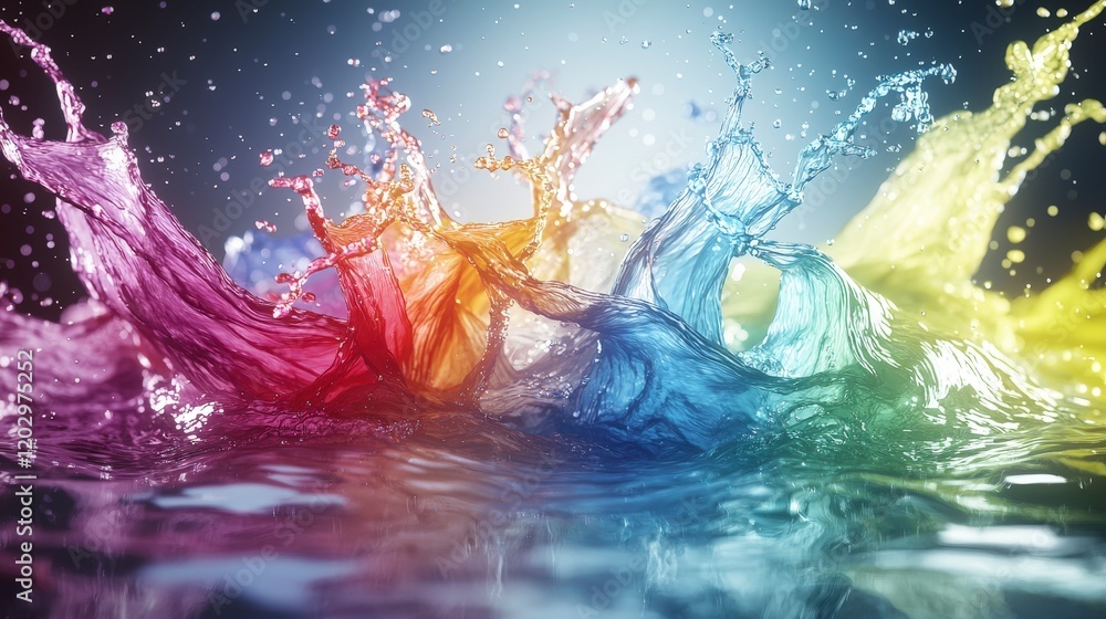 Poster Dynamic water splashes showcasing vibrant colors in artistic display indoor studio abstract art colorful close-up