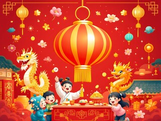 chinese new year lantern China Lantern, 3d Paper cut Flowers on Red Background. Place for Text. Gold Pattern Card
