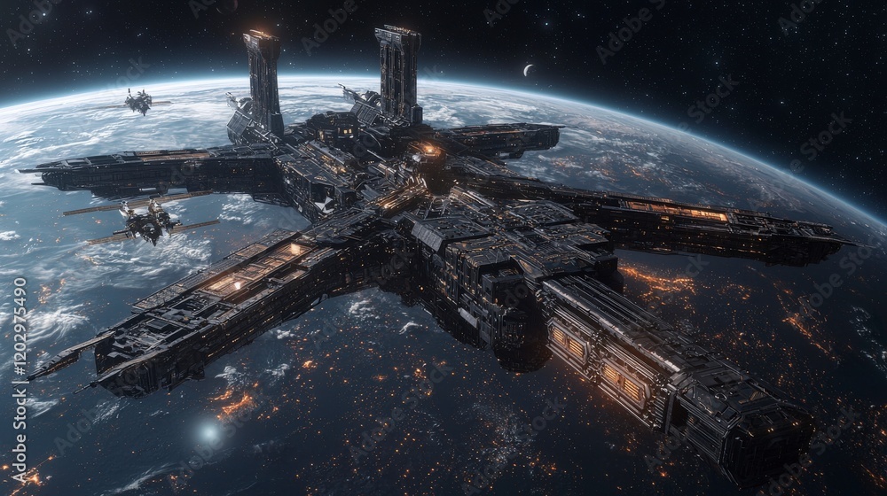 Poster futuristic space station metropolis orbiting earth digital artwork sci-fi environment panning view h