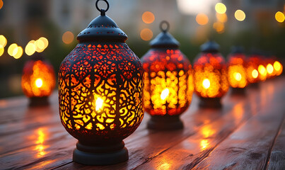 Festive lanterns glow, outdoor night scene